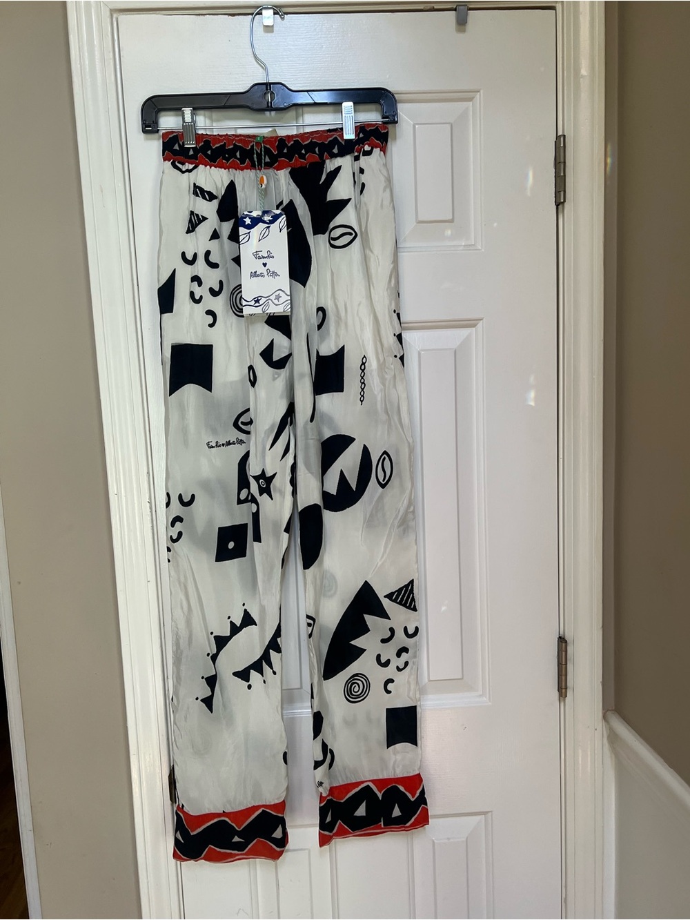 Farm Rio Wide-Leg Graphic Pants with Black Print and Red Trim